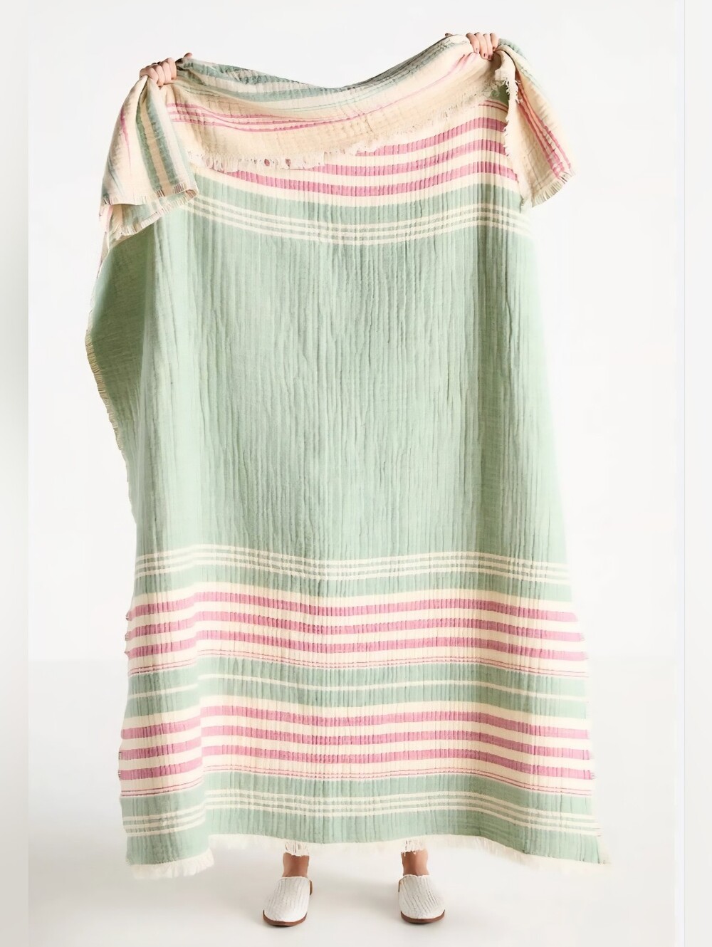 Anthropologie, Jolene Gauze Woven Stripe Throw Blanket In Green